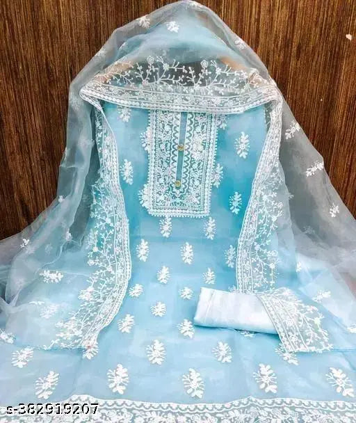 Unstiched Exclusive Super Best Collections Organza Party Wear Fancy Patiala Pakistani jaipuri All Occastions Organza Suits Women's Aqua Blue Embellished Embroidered Organza Suits & Dress Materials