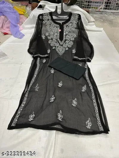 CHIFFION GALABOOTI HANDWORK MIRROR WORK KURTI WITH SLIP