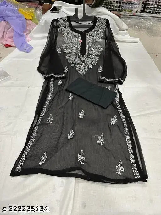 CHIFFION GALABOOTI HANDWORK MIRROR WORK KURTI WITH SLIP