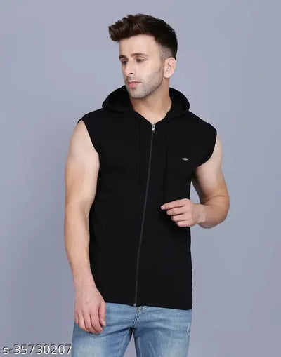 Tees Collection Men'S Casual Hooded Sleveless Zipper Polyester Tshirt