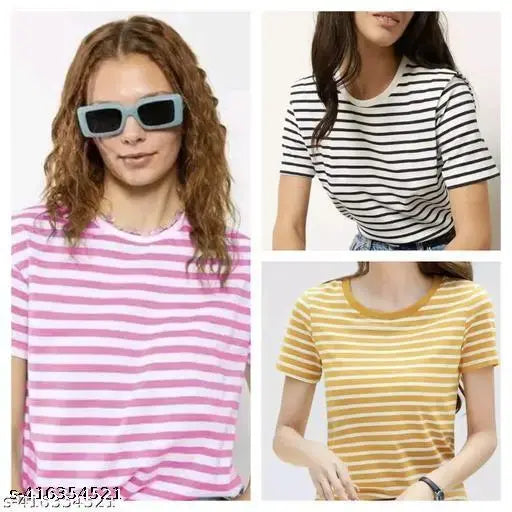 Trendy Premium Comfort Women And Girls T-shirt And Tops Pack Of 3 Multicolor Cotton Striped Short Sleeves T-shirt With Stylish Printed Round Neck