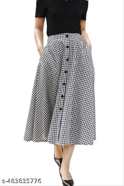 Midi Length Cotton Check Skirt
