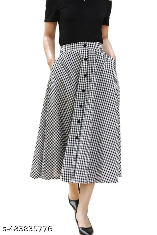 Midi Length Cotton Check Skirt