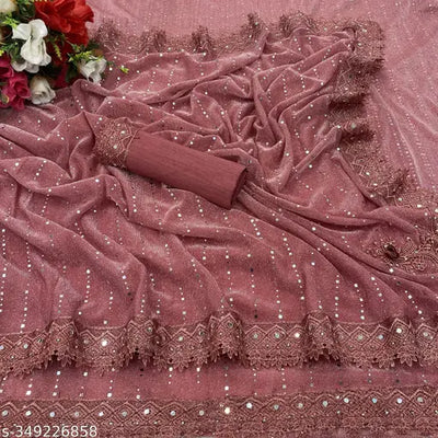SHIMMER SAREE WITH MIRROR WORK AND CHEMICAL LACE AND DIMOND HAND WORK