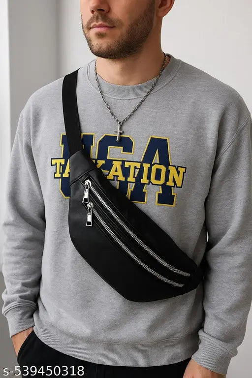 Men’s Stylish Black PU Leather Waist Bag – Trendy Sling Pouch for Travel, Gym & Daily Use | Lightweight & Durable Belt Bag