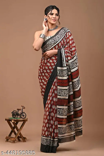 NEW PURE COTTON MULMUL HAND BLOCK PRINTED SAREE WITH BLOUSE