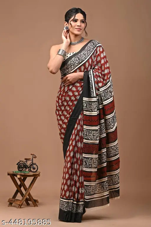 NEW PURE COTTON MULMUL HAND BLOCK PRINTED SAREE WITH BLOUSE