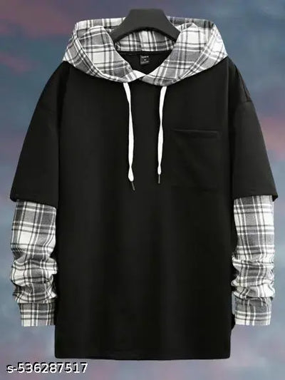 Men Loose Fit Contrast Plaid Pocket Drop Shoulder Drawstring 2 In 1 Hoodie