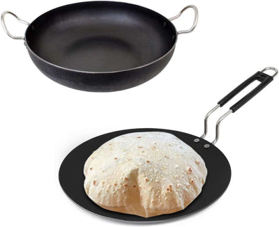 Pure Natural Iron Cookwares - Medium Kadhai & Black Flat Tawa Combo Cookware Set (Iron, 2 - Piece)
