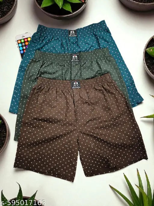JCC Men’s Printed Cotton Boxer Shorts with Side Pockets & Zipper Pocket | Button Fly & Back Pocket | Pack of 3 (M-2XL)