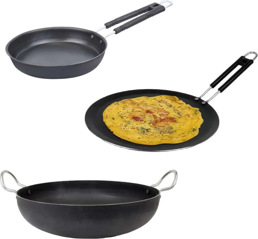 Traditional Cast Iron Set- Large Iron Kadhai, Fry Pan, Dosa Tawa Cookware Set Cookware Set (Cast Iron, 3 - Piece)