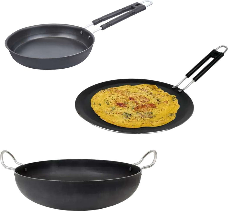 Traditional Cast Iron Set- Large Iron Kadhai, Fry Pan, Dosa Tawa Cookware Set Cookware Set (Cast Iron, 3 - Piece)