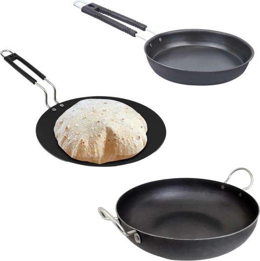 Triple Combo Pack Large Iron Kadhai, Fry Pan, Flat Tawa Cast Iron Cookware Set 2 Cookware Set