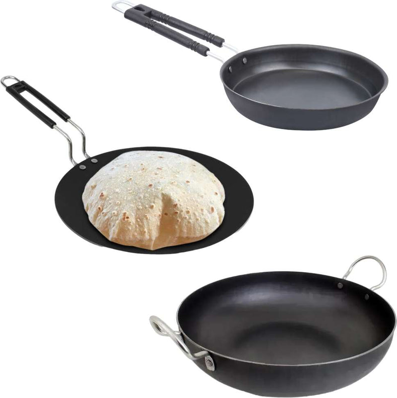 Triple Combo Pack Large Iron Kadhai, Fry Pan, Flat Tawa Cast Iron Cookware Set 2 Cookware Set