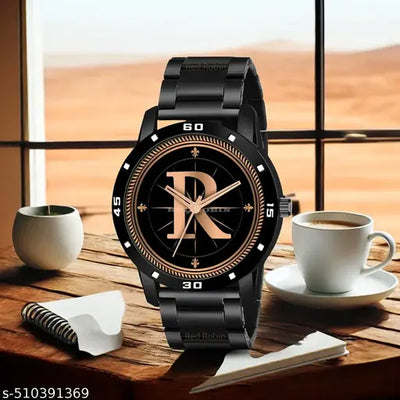 Cloudcool Analog Round black Dial ALPHABET R Design Stylish black Strap Classic Design Fancy Watch for Men and Boys, Pack of 1 ALPHABET R-AVO-BLK-CDBLK-1