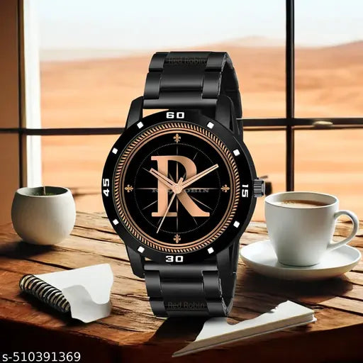 Cloudcool Analog Round black Dial ALPHABET R Design Stylish black Strap Classic Design Fancy Watch for Men and Boys, Pack of 1 ALPHABET R-AVO-BLK-CDBLK-1