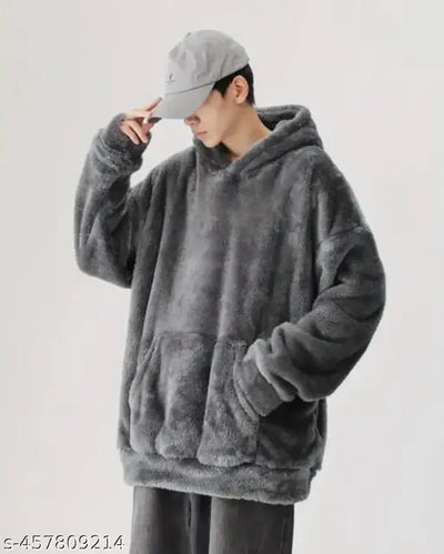 Men's Autumn and Winter Polar Fleece Solid Color Pocket Loose Casual Hooded Sweatshirt