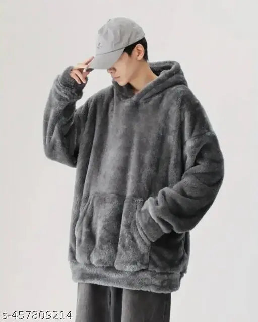 Men's Autumn and Winter Polar Fleece Solid Color Pocket Loose Casual Hooded Sweatshirt