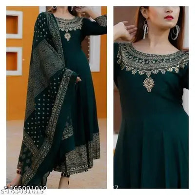 Woman Rayon "Anarkali Kurti" with Printed Dupatta set | Ethnic Print Kurti Dupatta Set