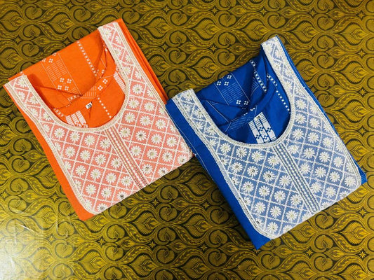 FFClothings Embroidered Straight Kurta (Blue & Orange Multicolor)