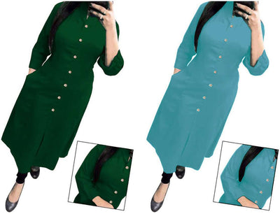 Earthy Dark Green & Light Blue Solid Women's Kurta