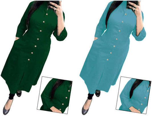 Earthy Dark Green & Light Blue Solid Women's Kurta