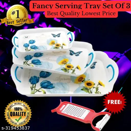 Serving Tray Set of 3 Pcs with Rectangular Shape and Printed Design, Pack of 3 Tray Set -(Large, Medium and Small Length of 41, 34 and 26 cm) (BLACK) (FREE VEG PEELER)05