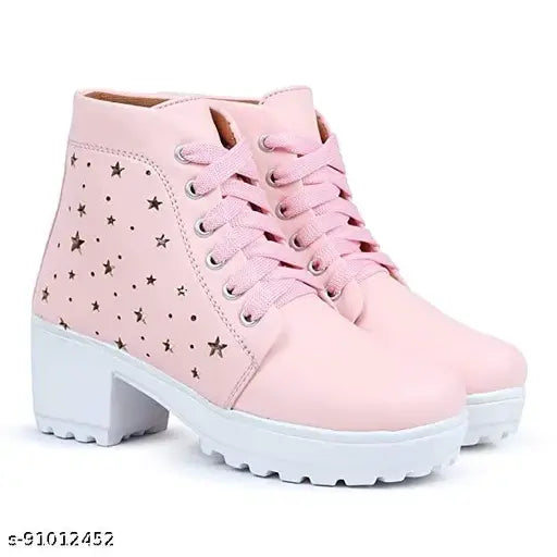 HimQuen women laser cut star design heel boot | Modern Women's Lace-Up Boots | Black Synthetic Leather Chunky Heels for Smart Casual Look | Great for Party & Outdoor Wear | Fashionable Boots for Ladies