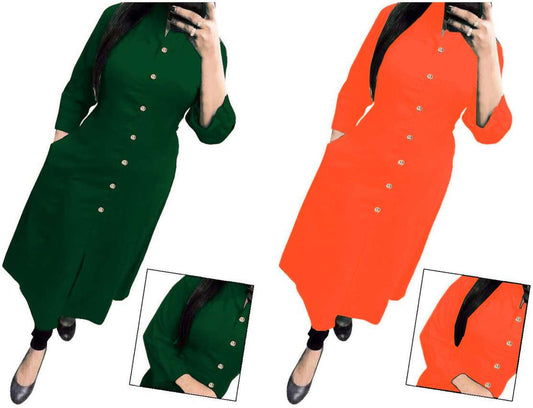 Striking Dark Green & Orange Solid Women's Kurta