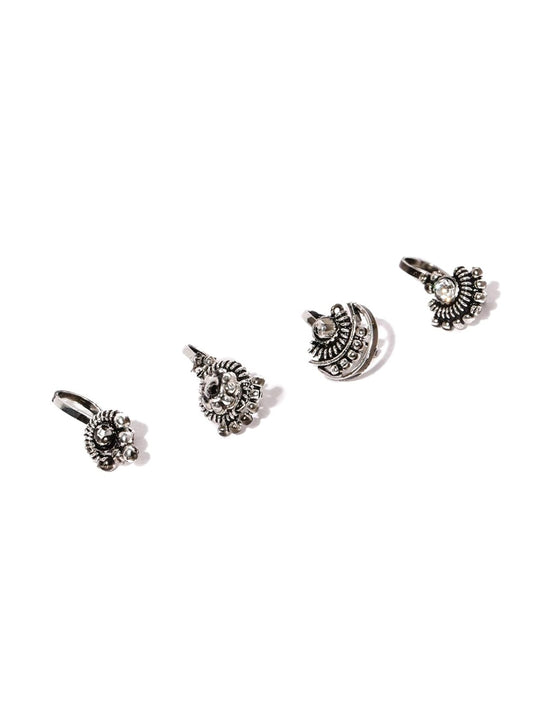 ZAVERI PEARLS Combo Of 4 Antique Silver Tone Adjustable Nose Pin For Women-ZPFK8232