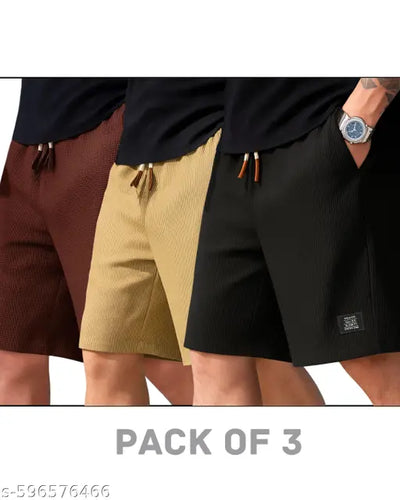 Pack OF 3 Textured Boxer Shorts for Men in Polycotton Fabric Regular Fit with Elastic Waistband and Back Pocket | Black, Coffee, Cream Colors Options | Ideal for Sportswear, Gym, Running, Nightwear, Casual Use | Sizes 26 to 38