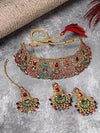 Sukkhi Graceful Curve Shaped Gold Plated Multicolor AD Stones Choker Necklace Set With Earring And Maangtika | Jewellery Set For Women (NS105721)