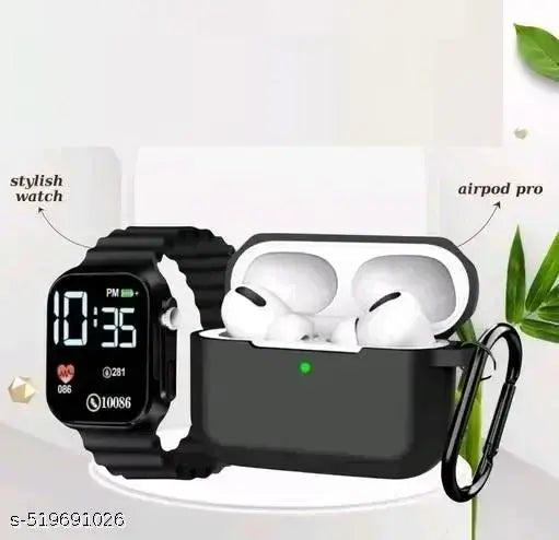 Stylist Watch TWS Bluetooth Wireless Bluetooth Headphones Earbuds With (BT+Black Cover, Watch)