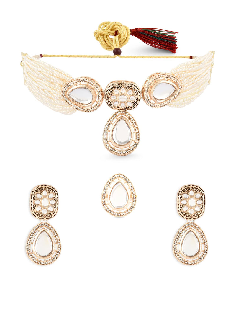 ZAVERI PEARLS Gold Tone Multistrand Beaded Kundan Choker Necklace Earring & Ring Set For Women-ZPFK16078
