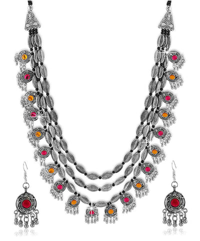 YouBella Fashion Jewellery Set for Women Antique Oxidised Silver Plated Tribal Jewellery Necklace Earring Set for Women & Girls.(Valentine Gift Special). (Multi)