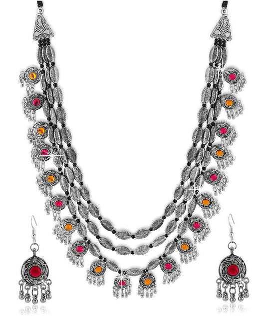 YouBella Fashion Jewellery Set for Women Antique Oxidised Silver Plated Tribal Jewellery Necklace Earring Set for Women & Girls.(Valentine Gift Special). (Multi)
