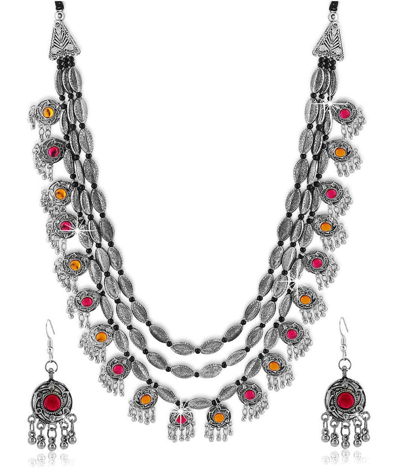 YouBella Fashion Jewellery Set for Women Antique Oxidised Silver Plated Tribal Jewellery Necklace Earring Set for Women & Girls.(Valentine Gift Special). (Multi)