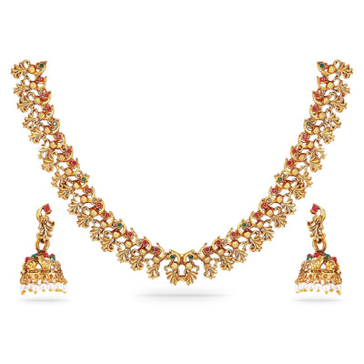 Rubans 22k Gold-Plated Red & Green Stone Studded Handcrafted Traditional Temple Jewellery Set For Women