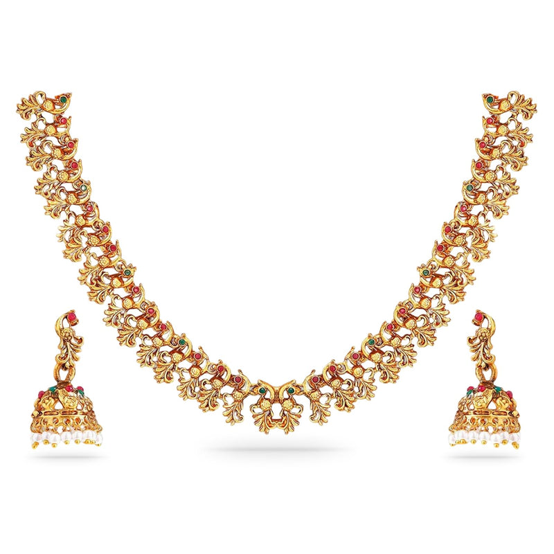 Rubans 22k Gold-Plated Red & Green Stone Studded Handcrafted Traditional Temple Jewellery Set For Women