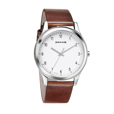 Sonata Quartz Analog White Dial Brown Leather Strap Watch for Men - NT7135SL03