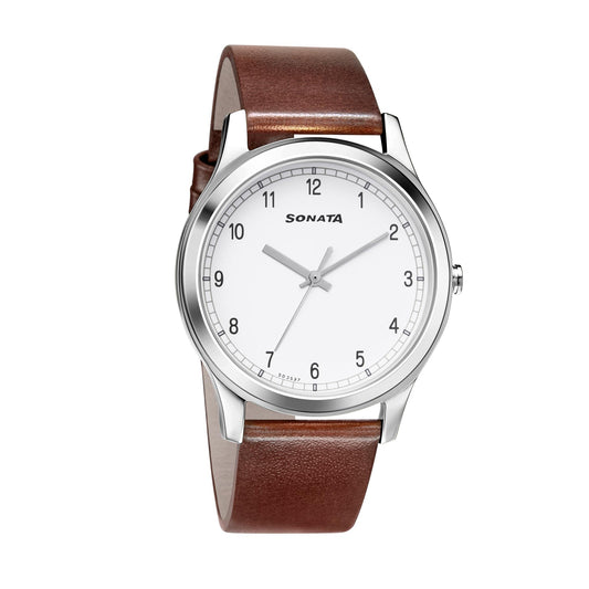 Sonata Quartz Analog White Dial Brown Leather Strap Watch for Men - NT7135SL03