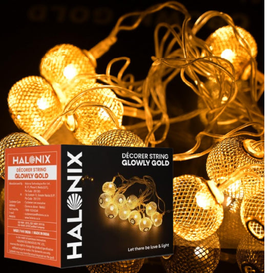 Halonix Decorer Glowly Gold 15 Bright Led String Light | Diwali Light | Christmas Light | Wedding Light | Festive Lights for Home Decoration (Warm White, 4 Meters)