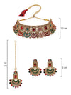 Sukkhi Graceful Curve Shaped Gold Plated Multicolor AD Stones Choker Necklace Set With Earring And Maangtika | Jewellery Set For Women (NS105721)