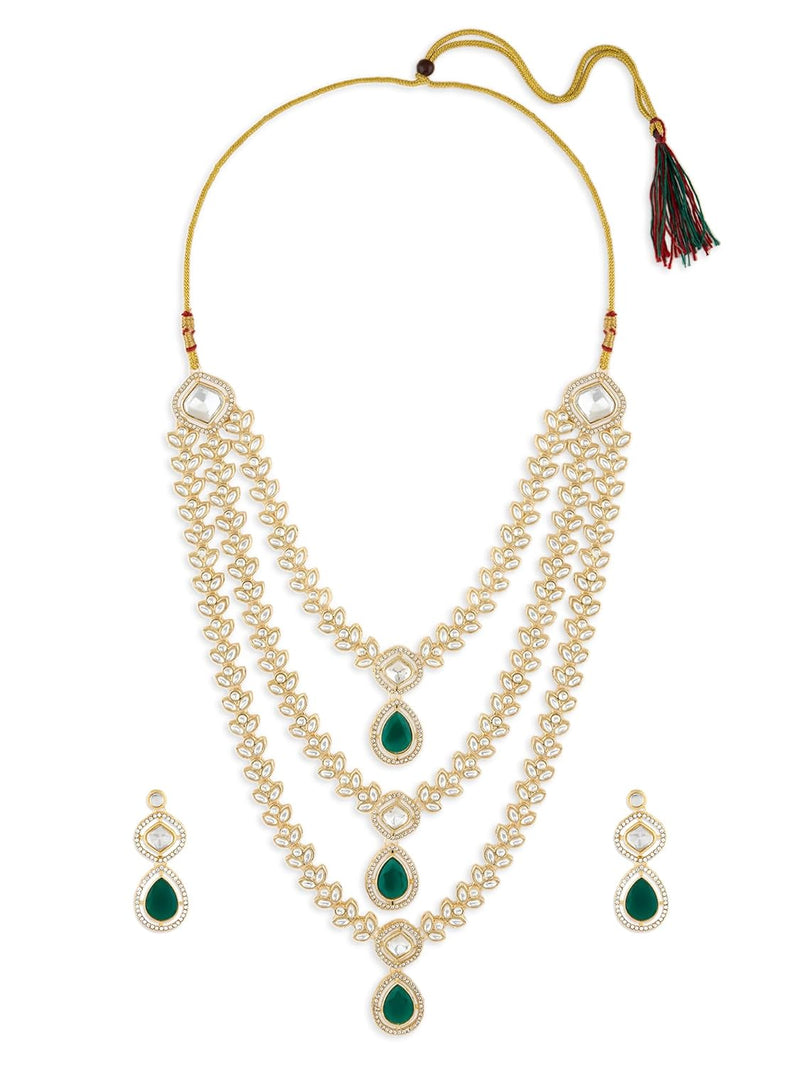 ZAVERI PEARLS Green Dazzling Stones Austrian Diamonds Embellished Layered Necklace & Earring Set For Women-ZPFK18891