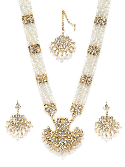 ZAVERI PEARLS Antique Gold Tone Long Kundan & Pearls Bridal Necklace, Earring & Maangtikka Set For Women-ZPFK9802