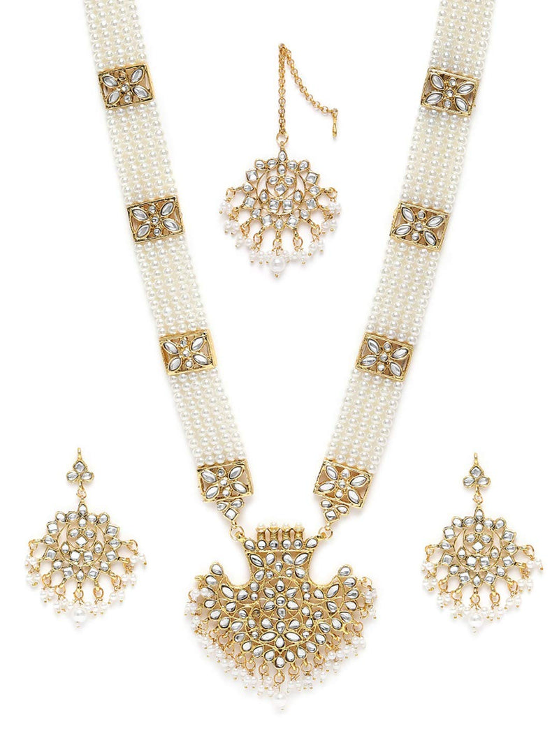 ZAVERI PEARLS Antique Gold Tone Long Kundan & Pearls Bridal Necklace, Earring & Maangtikka Set For Women-ZPFK9802