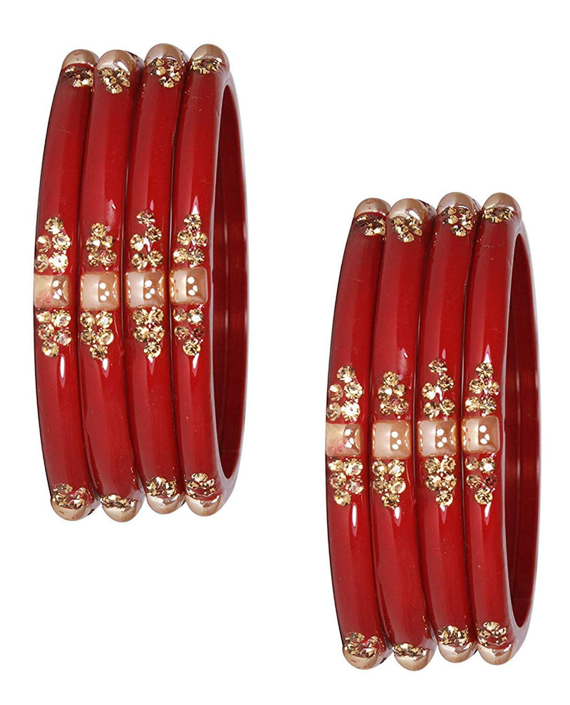 NMII Glass with Zircon Gemstone Or Beads Studded worked Glossy Finished Kada Set For Women and Girls, (Red_2.8 Inches), Pack Of 8 Kada Set