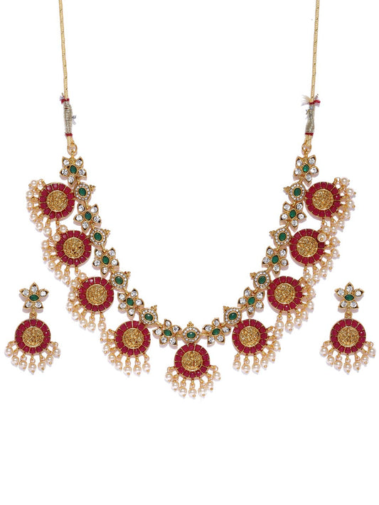 ZAVERI PEARLS Gold Tone Traditional Temple Choker Necklace Set For Women-ZPFK8983