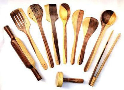 7415 Wooden Kitchen Cookware Tools Set Of 10 Kitchen Tool Set (White, Brown)