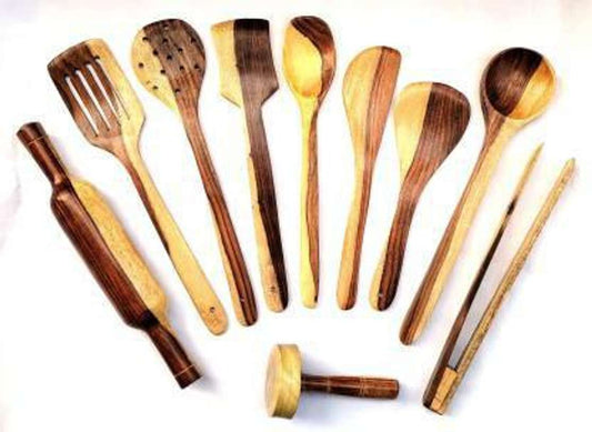 7415 Wooden Kitchen Cookware Tools Set Of 10 Kitchen Tool Set (White, Brown)